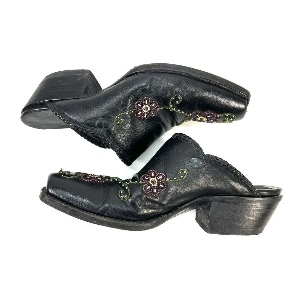 Tres Outlaws Hand Beaded Black Leather Mules Boots Booties Square Toe Size 7C